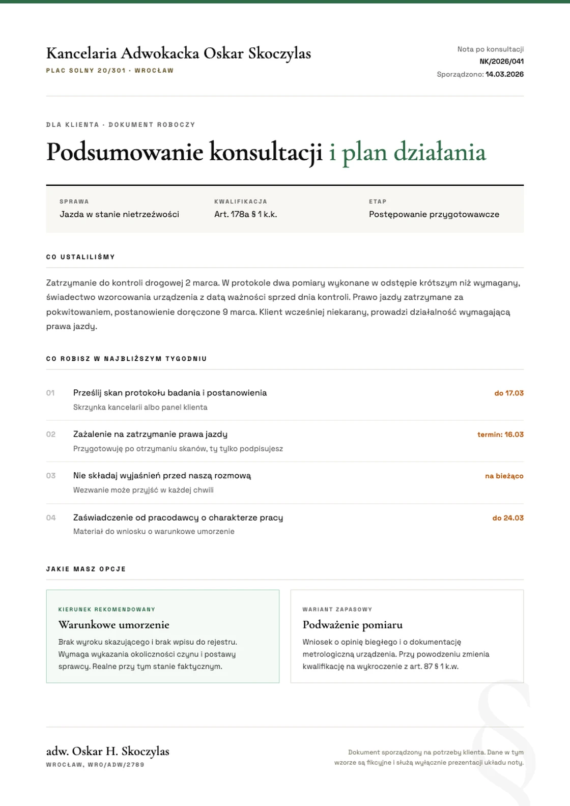 Wzór noty po konsultacji: podsumowanie ustaleń, lista terminów i opcje działania. Dane fikcyjne.