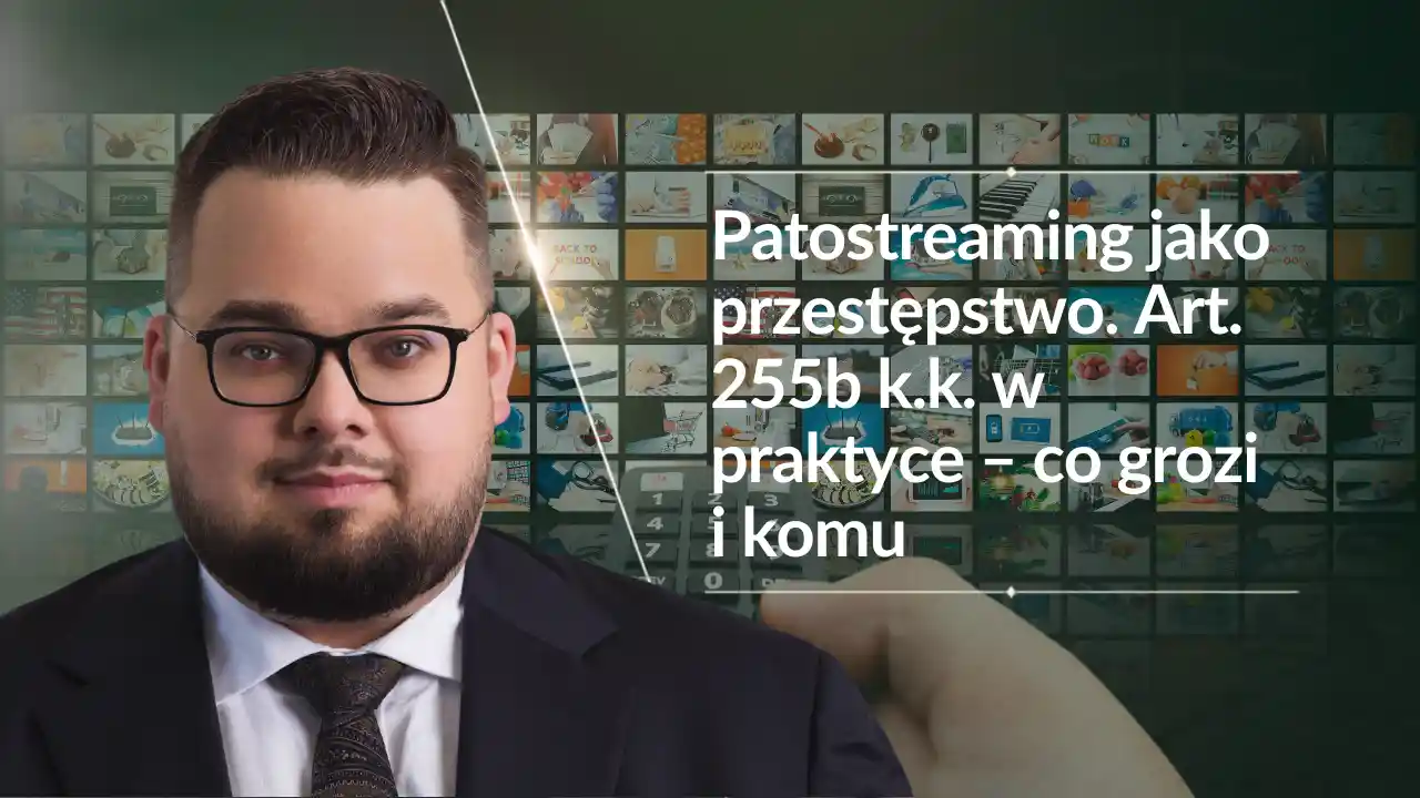 Ekran smartfona z transmisją na żywo i paragrafem Kodeksu karnego – art. 255b k.k. o patostreamingu